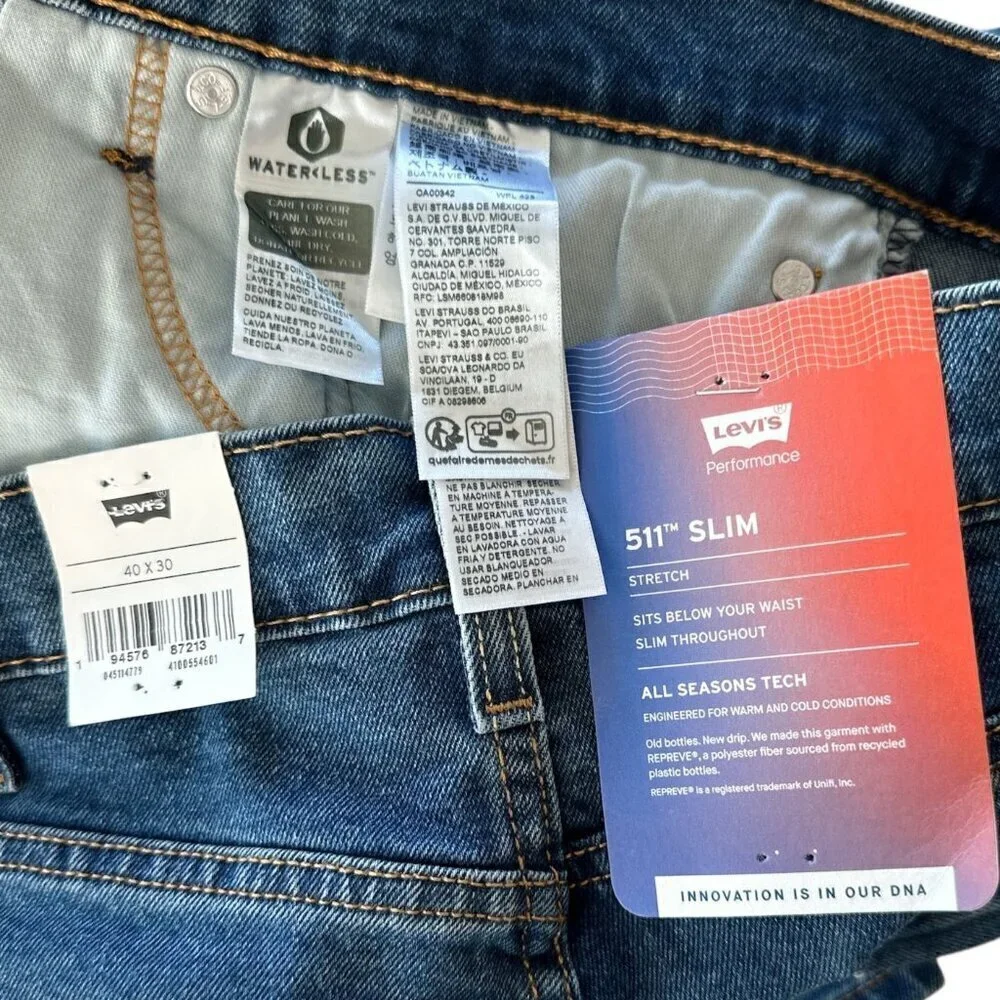 Levi's Men's 511 Slim Fit Stretch Jeans Kota Ambon Adapt 045114779 NWT 40 x 30